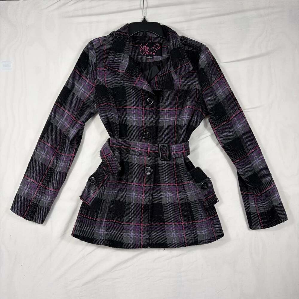 Vintage Y2K Say What? purple plaid belted coat